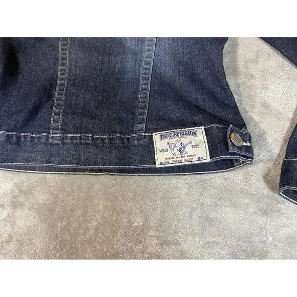 TRUE RELIGION Denim Trucker Jacket Blue Denim Jean Snap Button Sz XS Woman Logo - Picture 10 of 16